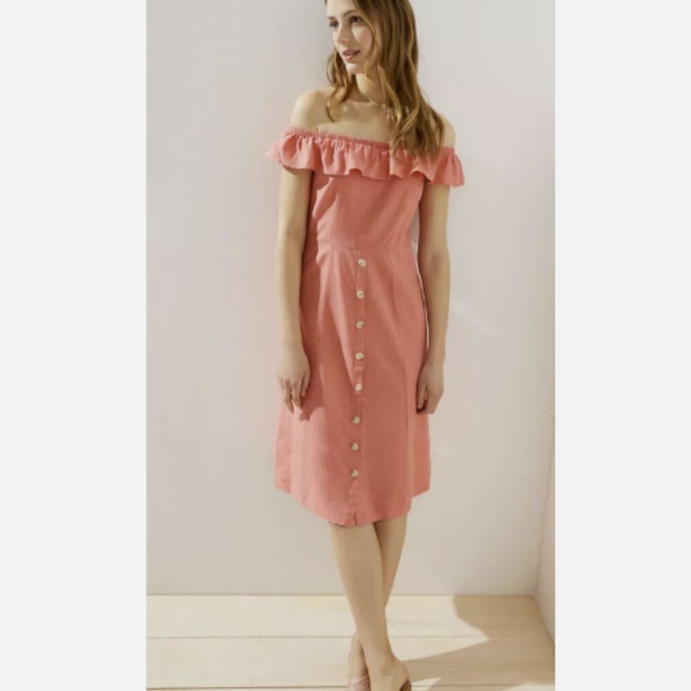 Loft Beach Peachy Pink Linen Off the Shoulder Ruffle Boho CottageCore Dress